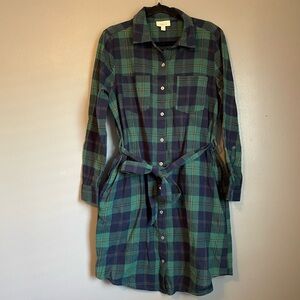 NWOT Style & Co Sz Large Womens Plaid Green Blue Tie-Waist Shirt Dress Pockets!!